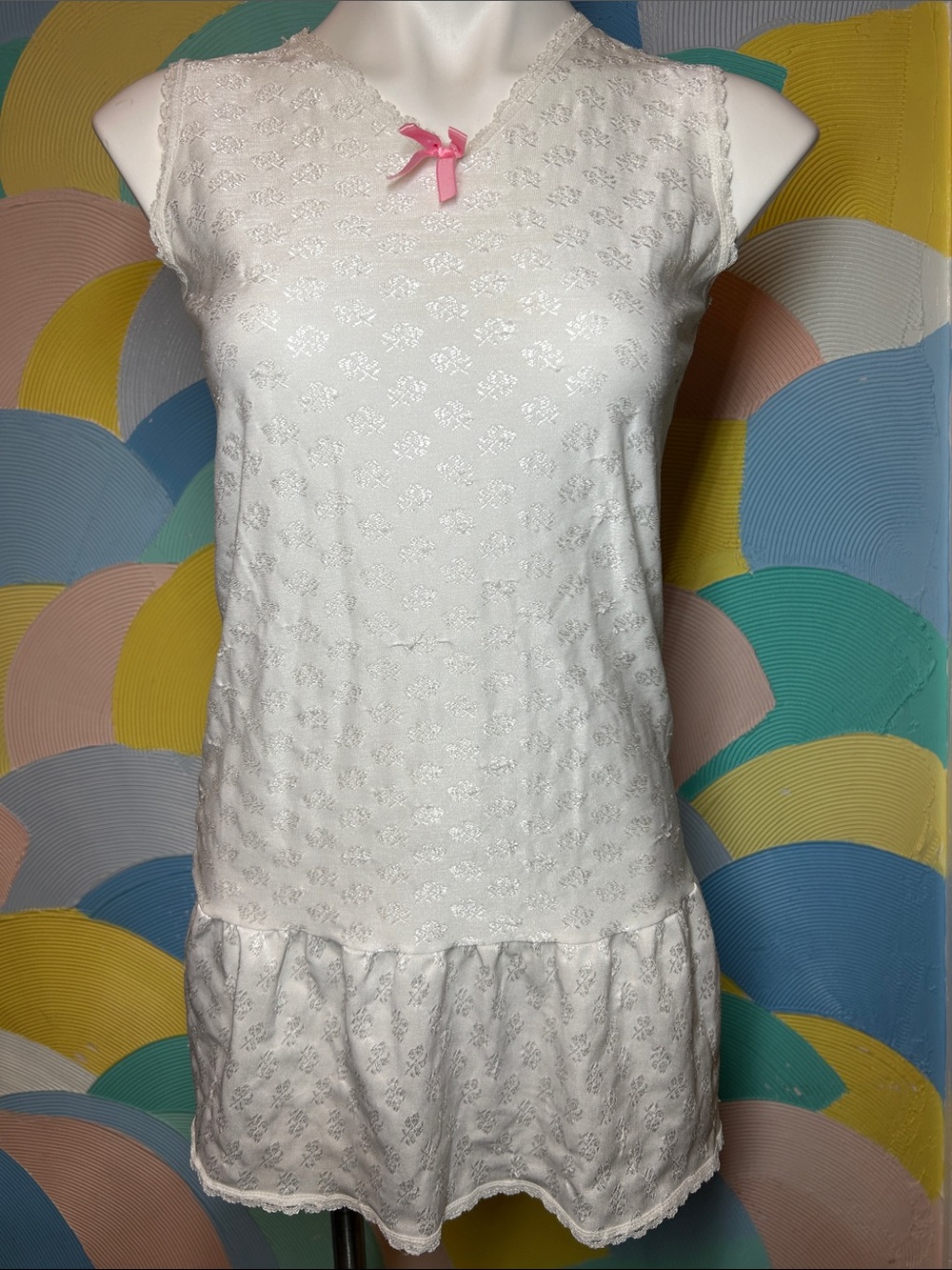 Vintage Basic Image White Sleeveless Lace Drop-Waist Dress with Pink Bow Sz 12
